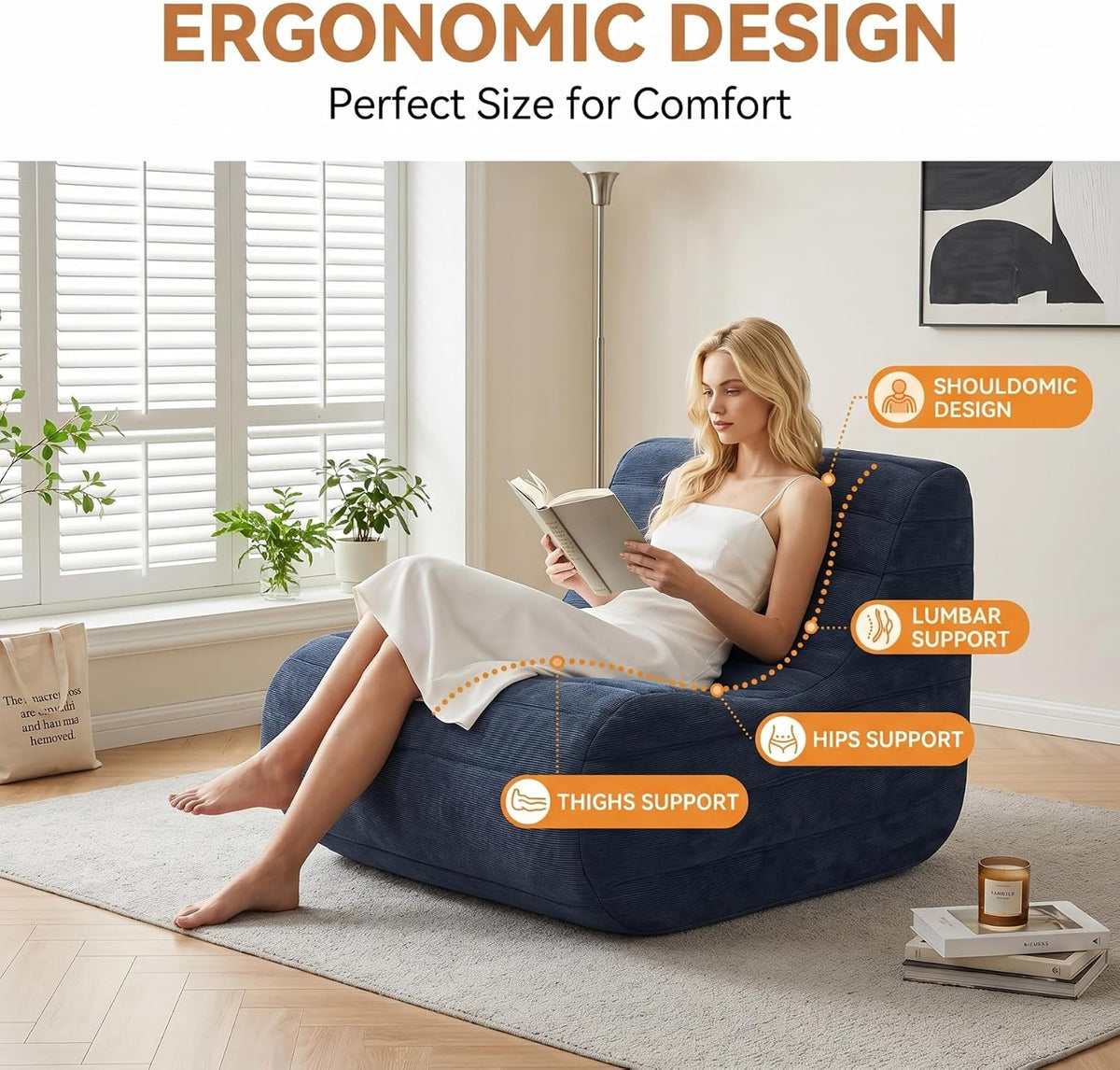 Memory Foam Bean Bag Chair, Gray | Compact Lazy Sofa Sack & Floor Couch, Soft Supportive Seat for Bedroom Living Room Office & Home Use