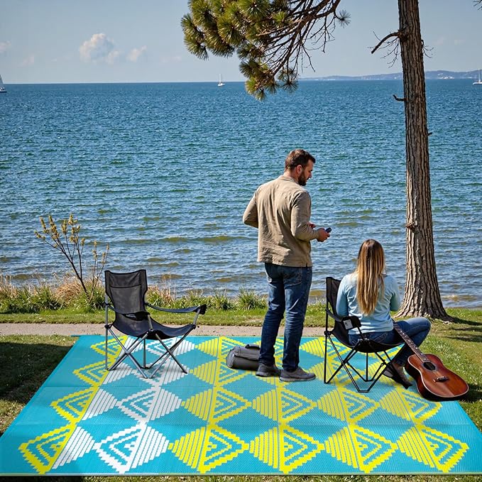 Beeiva Outdoor Rugs 9x12 for Patios, Waterproof Reversible Plastic Straw Patio Mat, Modern Geometric Foldable Outdoor Rug for Camping, Porch, Deck, Backyard, Balcony, Picnic - Blue & Yellow