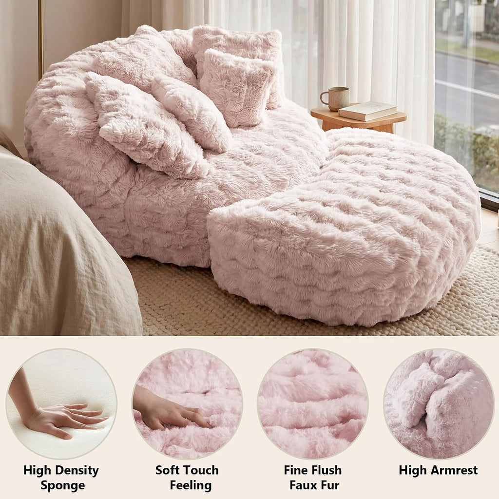 55" W x 75" D Oversized Chaise Lounge Chair Indoor with Ottoman,Pink | 38D Sponge,Round Reading Chair Luxury Plush Cloud Circle Sleeper for Living Room Bedroom, 5 Pillows,Faux Fur