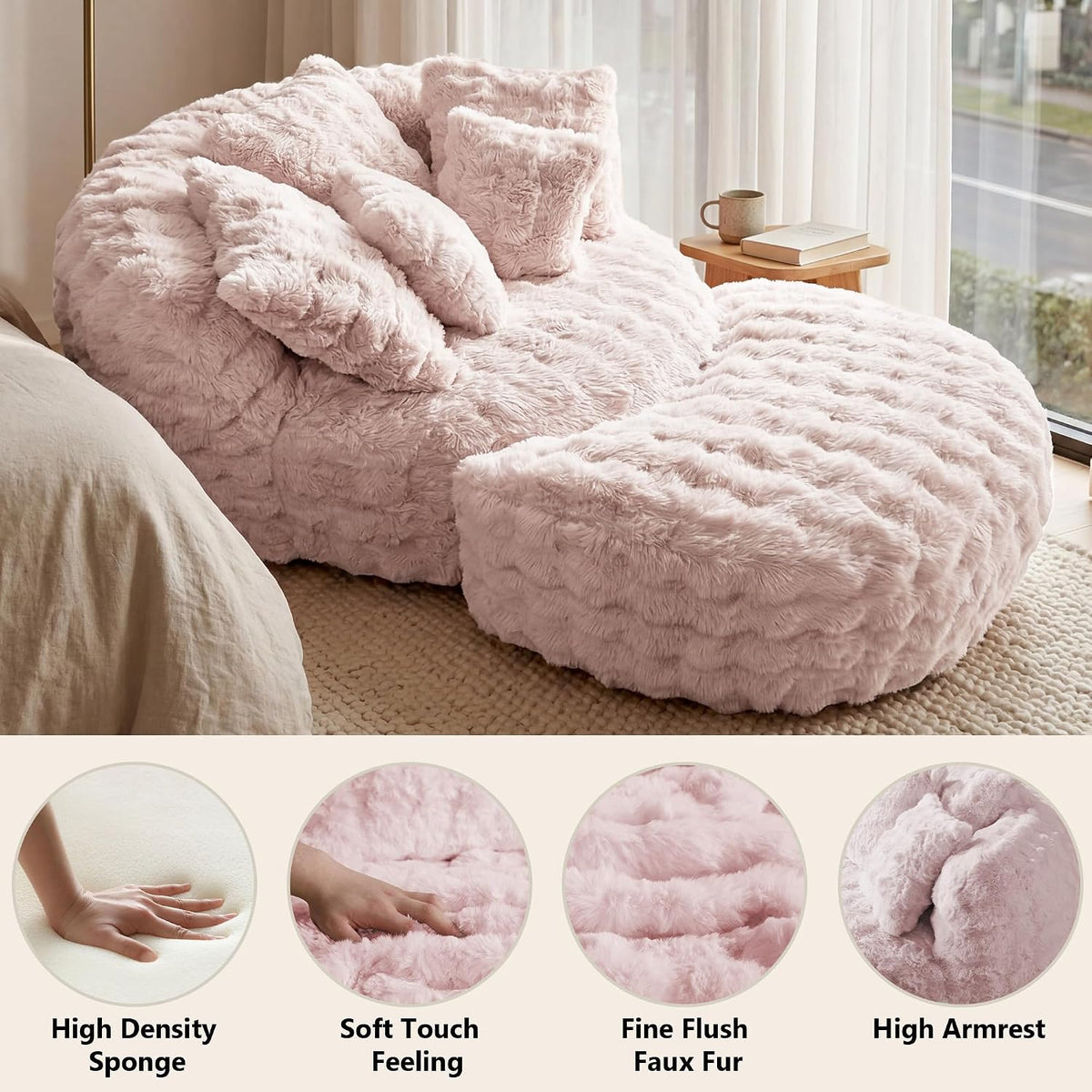 55" W x 75" D Oversized Chaise Lounge Chair Indoor with Ottoman,Pink | 38D Sponge,Round Reading Chair Luxury Plush Cloud Circle Sleeper for Living Room Bedroom, 5 Pillows,Faux Fur