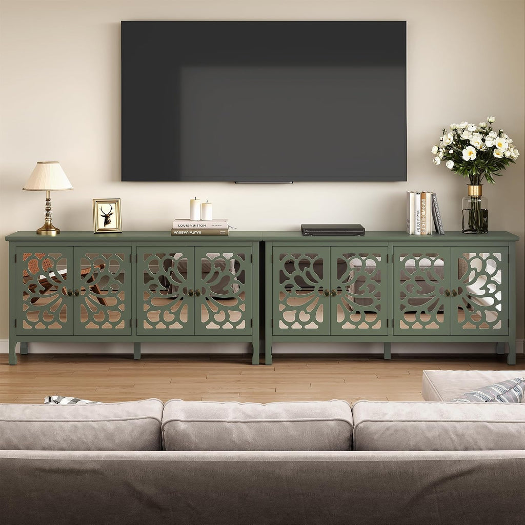 Fansafurn 63" Carved Buffet Cabinet with Mirrored Door, Modern Console Table with Storage and Adjustable Shelves, Wood Media Sideboard for Entryway, Living Room, Bedroom, Dining Room, Bathroom (Green)