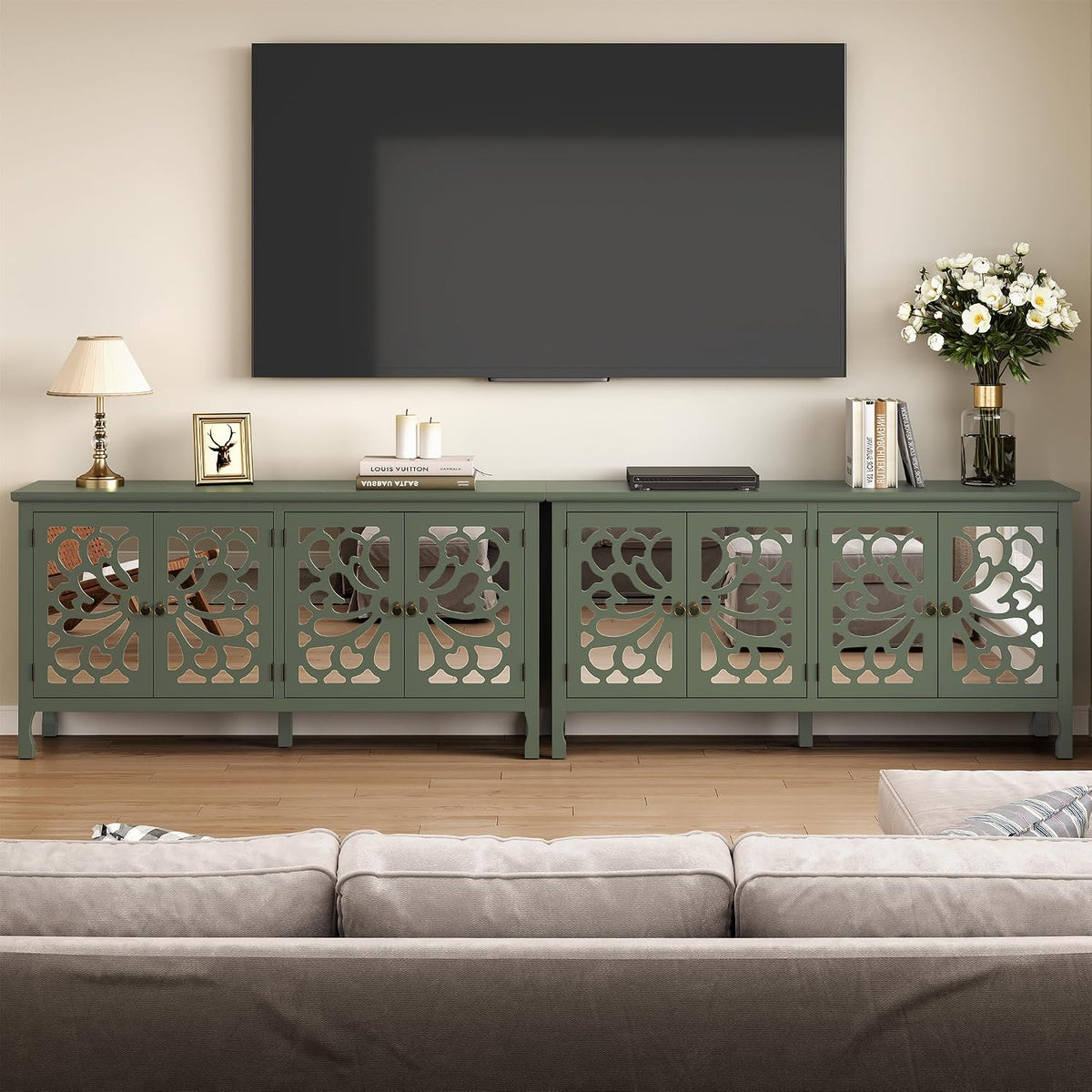 Fansafurn 63" Carved Buffet Cabinet with Mirrored Door, Modern Console Table with Storage and Adjustable Shelves, Wood Media Sideboard for Entryway, Living Room, Bedroom, Dining Room, Bathroom (Green)