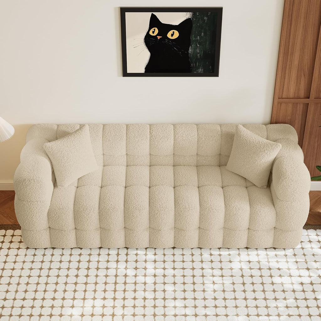 Wrofly Boucle Sofa Couch, 74.8" Comfy Upholstered Sherpa Sofa, Tufted Cozy 3-Seater Deep Seat Cloud Couch, Modern Oversized Loveseat with 2 Pillows for Living Room Apartment Office, Light Brown