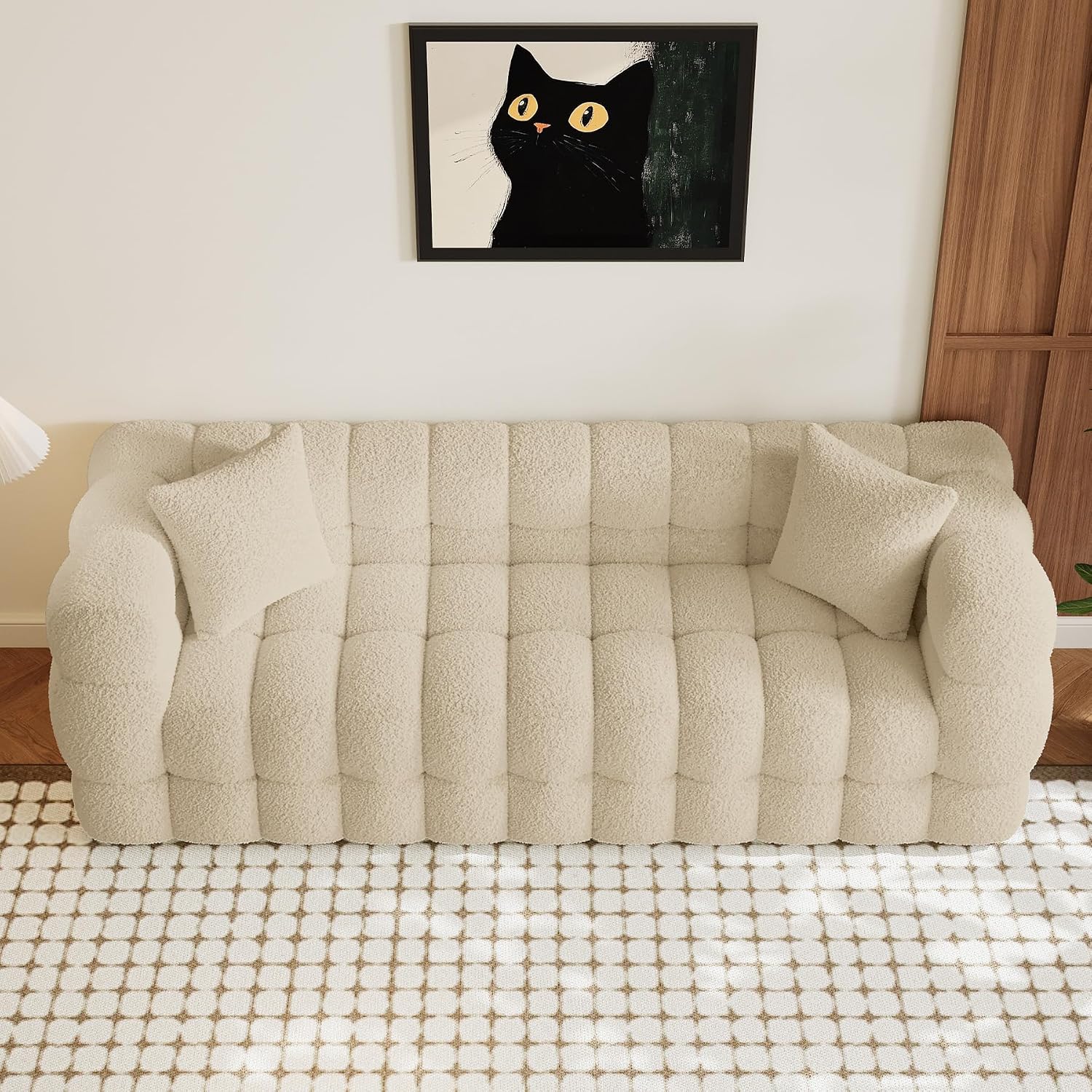 Wrofly Boucle Sofa Couch, 74.8" Comfy Upholstered Sherpa Sofa, Tufted Cozy 3-Seater Deep Seat Cloud Couch, Modern Oversized Loveseat with 2 Pillows for Living Room Apartment Office, Light Brown