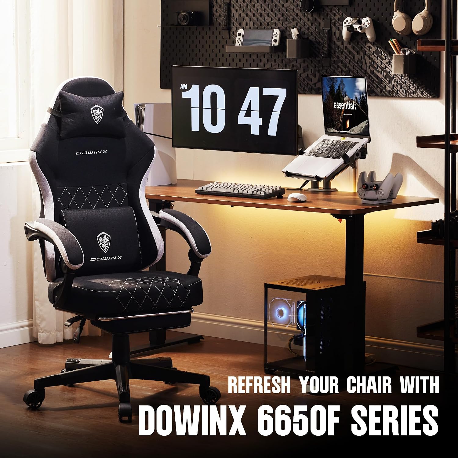 Dowinx Fabric Gaming Chair, Ergonomic Computer Chair with Footrest and Pocket Spring Cushion, Height Adjustable Video Gamer Chair with Lumbar Support for Adults, Black