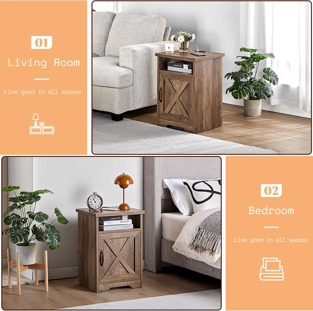 AMERLIFE 3 Piece Farmhouse Living Room Coffee Table Set, Barnwood | Coffee Table & 2 End Tables with Charging Station and USB Ports, Farmhouse Style, Barn Door Design, Living Room Furniture