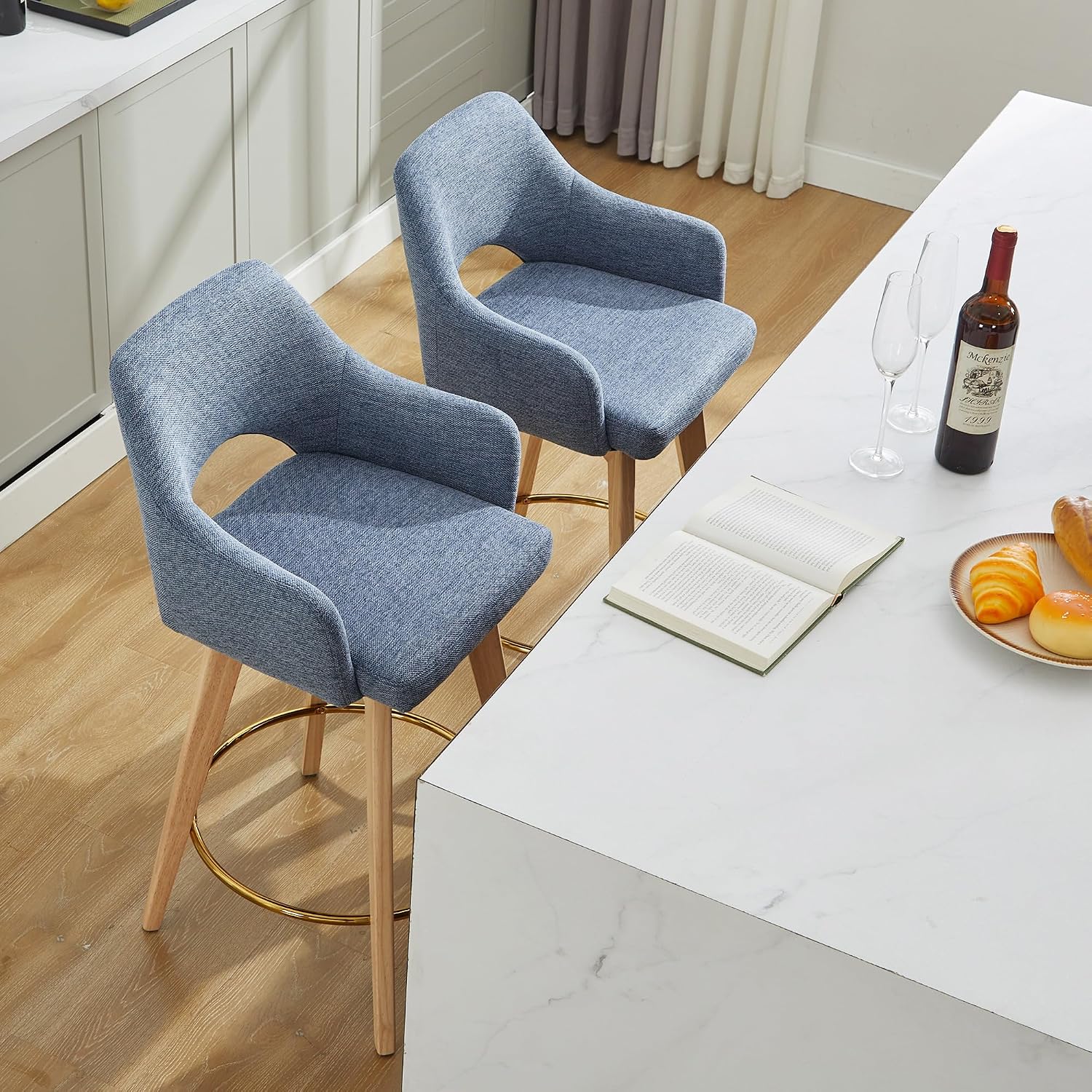 Zesthouse Swivel Counter Stools Set of 4, Wooden Counter Height Bar Stools | 26" Farmhouse Counter Stools with Back & Arm, Upholstered Linen Fabric Barstool with Solid Wood Leg, Blue Island High Chairs