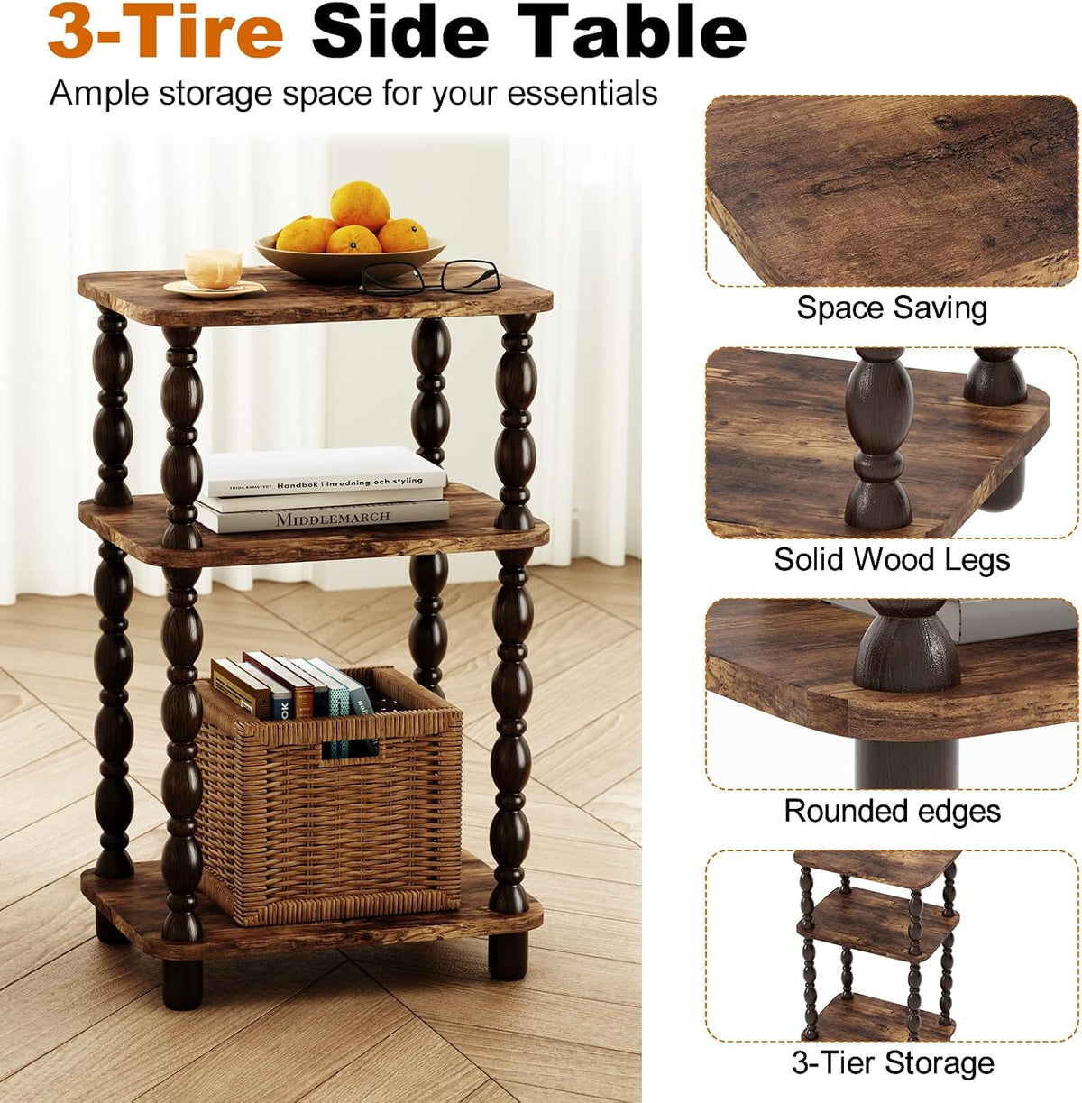 Retro End Table, 3-Tier Small Side Table, Narrow Couch Side Table for Small Spaces, Farmhouse End Table, Modern Accent Table, Skinny Bedside Table Nightstand for Bedroom, Living Room (Rustic Brown)