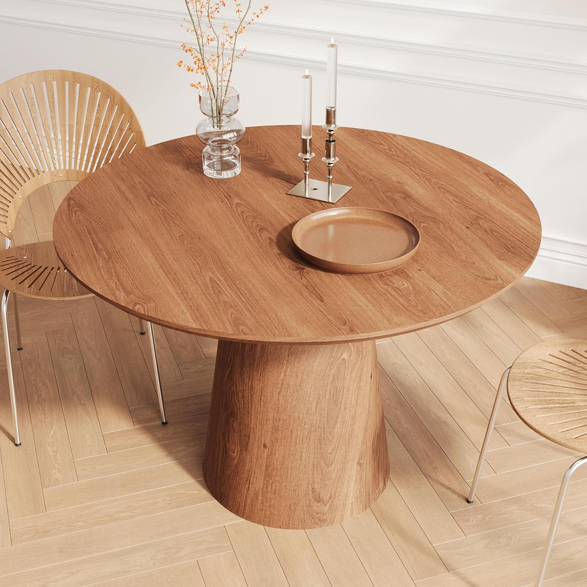 43" Round Dining Table Modern for 4, Natural Wood Grain Circle Kitchen Table with Cone Wood Pedestal Base, Mid Century Circular Dining Table for Living Room, Walnut