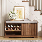 Maupvit Fluted Shoe Bench with 2 Flip-Drawers, 39.4" Narrow Entryway Bench with Shoe Storage and Seat Cushion, Adjustable Shelf, Walnut Hidden Shoe Rack Bench for Front Door Entrance, Hallway