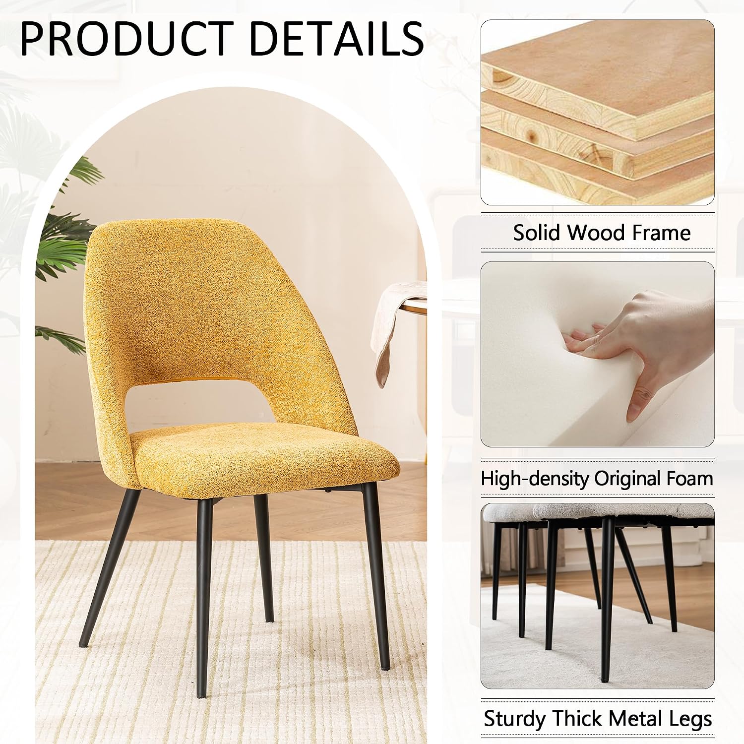 Rowill Boucle Dining Chairs Set of 4, Morden Upholstered Dining Room Kitchen Chairs with Metal Legs for Living Room, Bedroom, Restaurant, Yellow