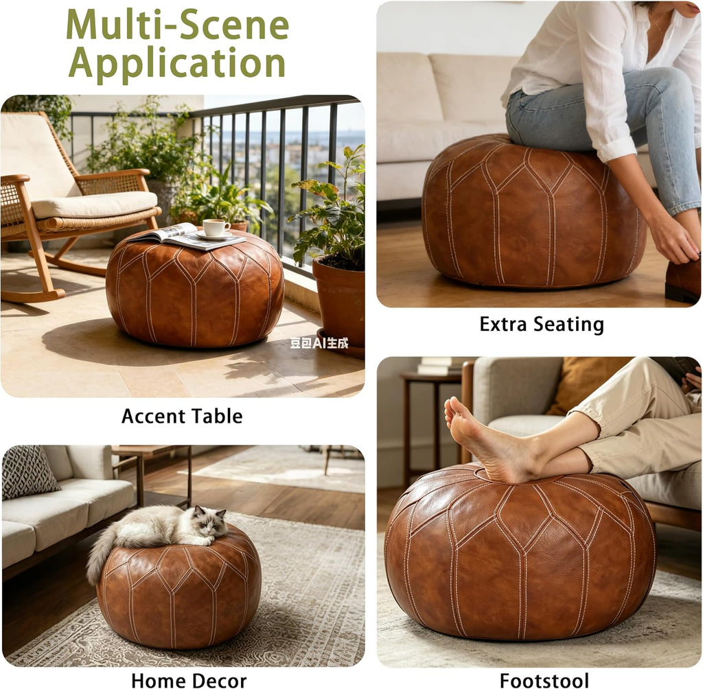 Thgonwid Round Unstuffed Pouf Cover, Faux Leather Storage Ottoman, Boho Moroccan Foot Stool, Multi-Purpose Home Decor for Living Room, Bedroom and Balcony, Brown, No Filling Included