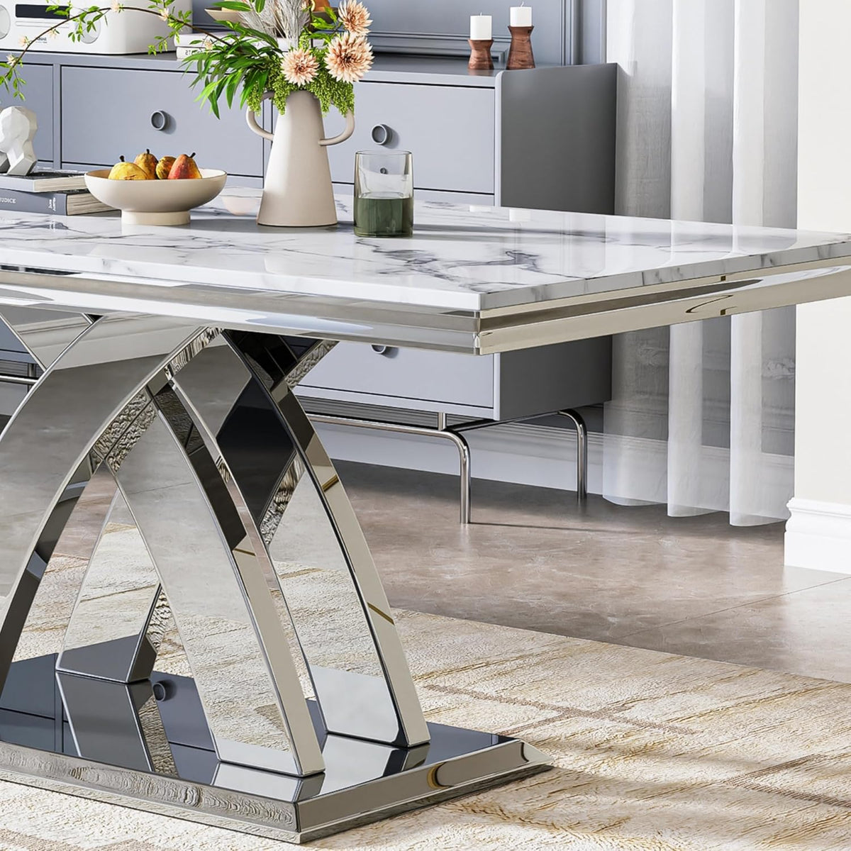 Modern 70" White Marble Dining Table for 6-8 – Rectangular Faux Marble Kitchen & Dining Room Table with Silver Stainless Steel X-Shape Bases, Living Room Furniture