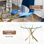 5-Piece Glass Dining Table Set, Modern Round Gold Dining Room Set with Tempered Glass Kitchen Table and 4 Blue Upholstered Chair for Apartment, Living Room