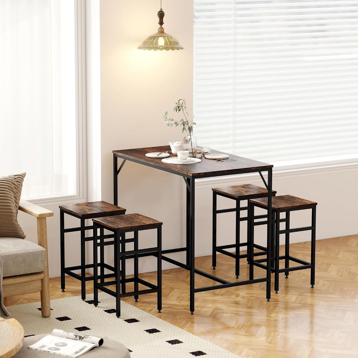 HOMCOM 5-Piece Industrial Dining Table Set, Bar Table Chair Set Black/Brown | 4 Stools Included, Space Saving, Pub & Kitchen