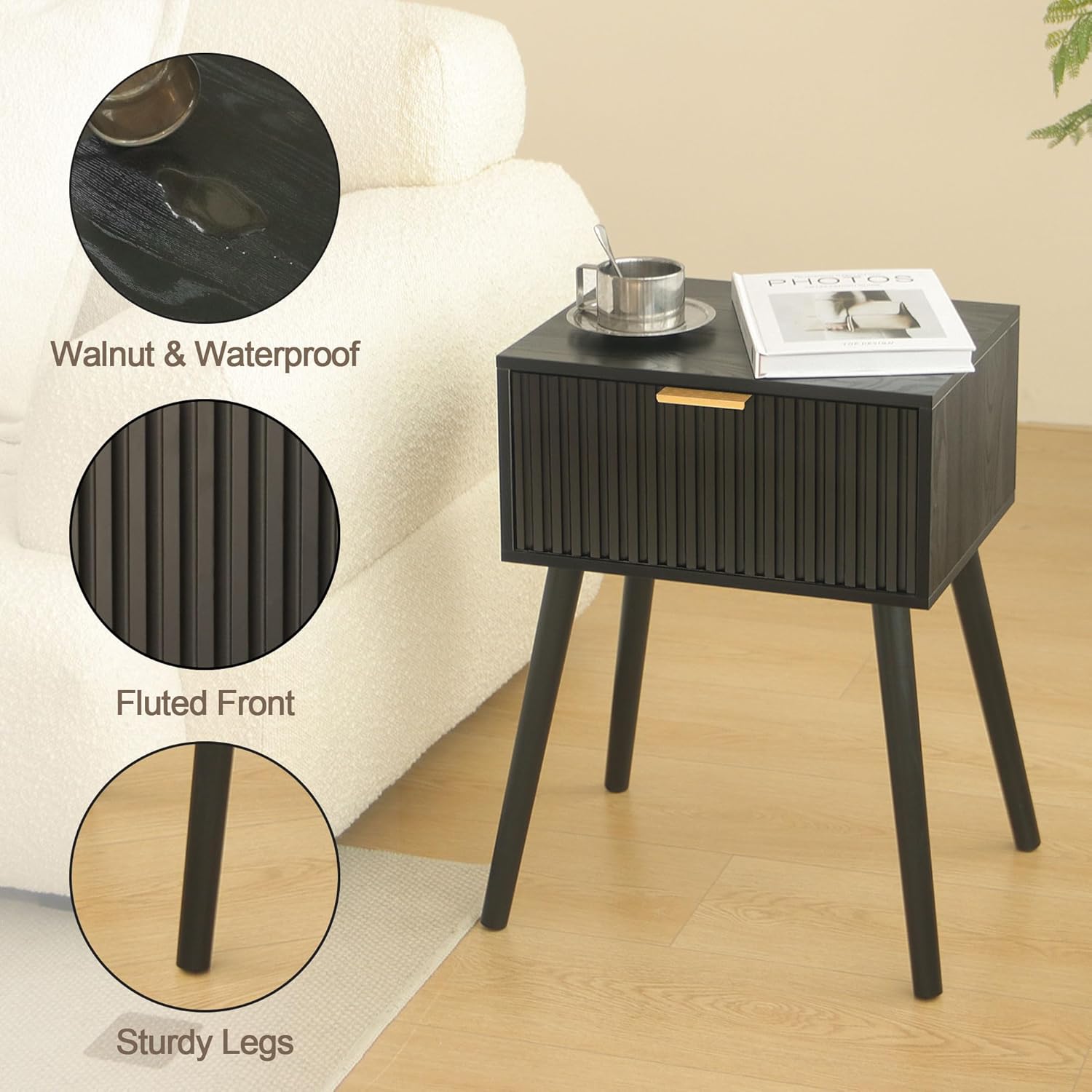 AWASEN Black Nightstand, Small End Tables Living Room, Accent Bedside Table with Fluted Drawer for Bedroom and Small Space, Black