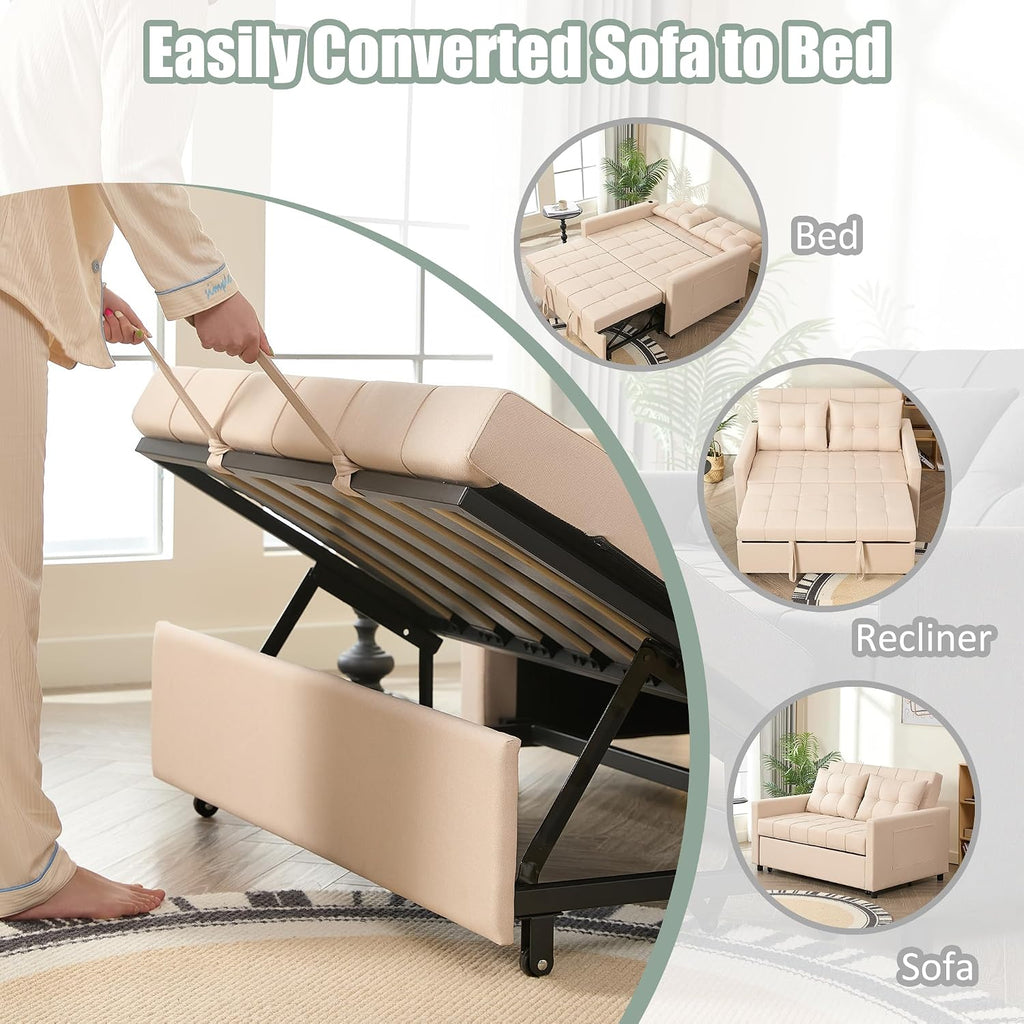 GOSUHI 52" 3-in-1 Convertible Sleeper Sofa Bed, Linen, Beige | Pull-Out Bed, Stepless Adjustable Backrest, Side Pocket, Compact Loveseat, Living Room, Dorm & Apartment