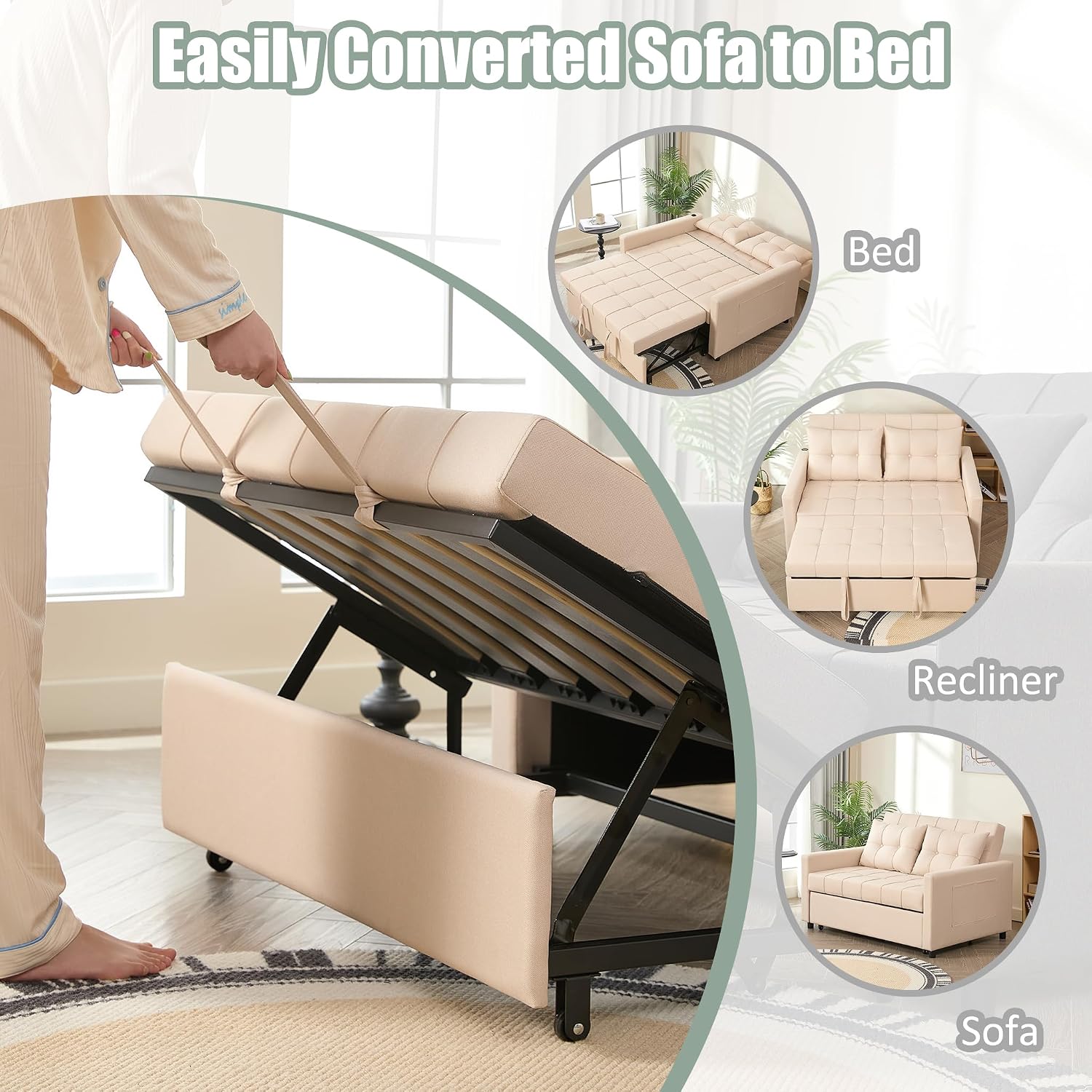 GOSUHI 52" 3-in-1 Convertible Sleeper Sofa Bed, Linen, Beige | Pull-Out Bed, Stepless Adjustable Backrest, Side Pocket, Compact Loveseat, Living Room, Dorm & Apartment