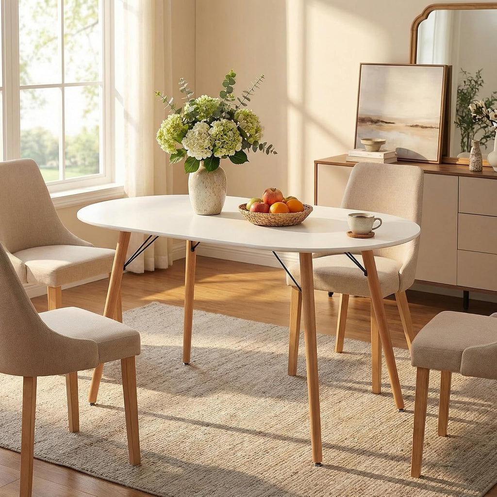 FurnitureR Dining Table Oval 47.2 Inch for 4-6 Person, Stylish Leisure Table Functional Table with Wooden Legs for Home Kitchen, Cafés, Small Places, White