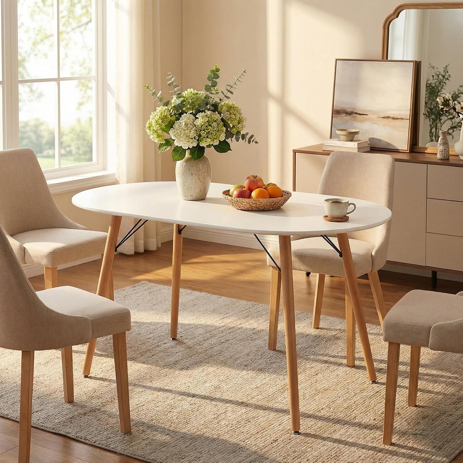 FurnitureR Dining Table Oval 47.2 Inch for 4-6 Person, Stylish Leisure Table Functional Table with Wooden Legs for Home Kitchen, Cafés, Small Places, White