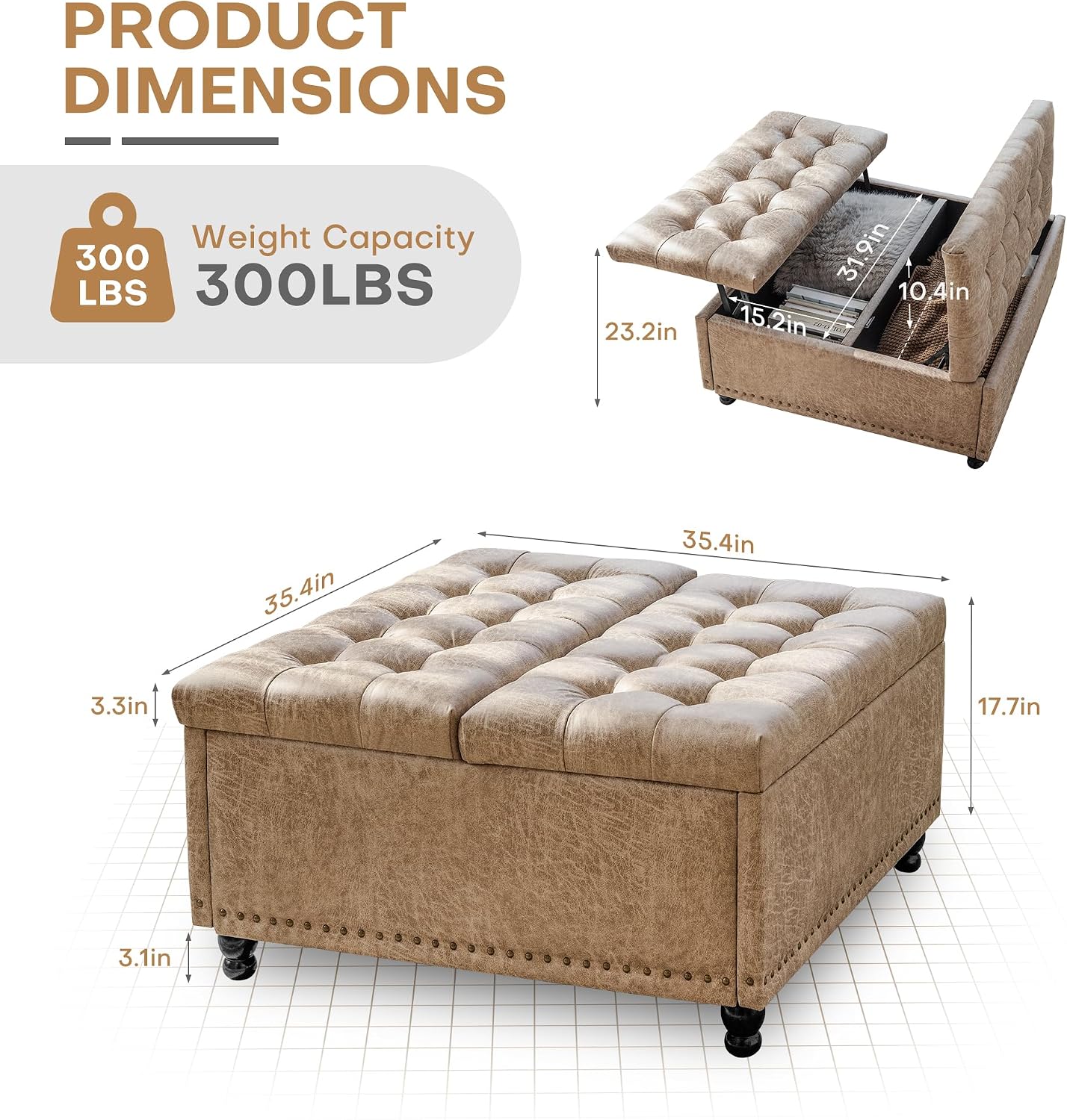 Redlife 35 Inch Large Square Storage Ottoman, Coffee Table Ottoman, Faux | Lift Top Ottomans Bench Square Footrest Oversized Upholstered Coffee Table for Living Room Bedroom Faux Leather (Champagne)