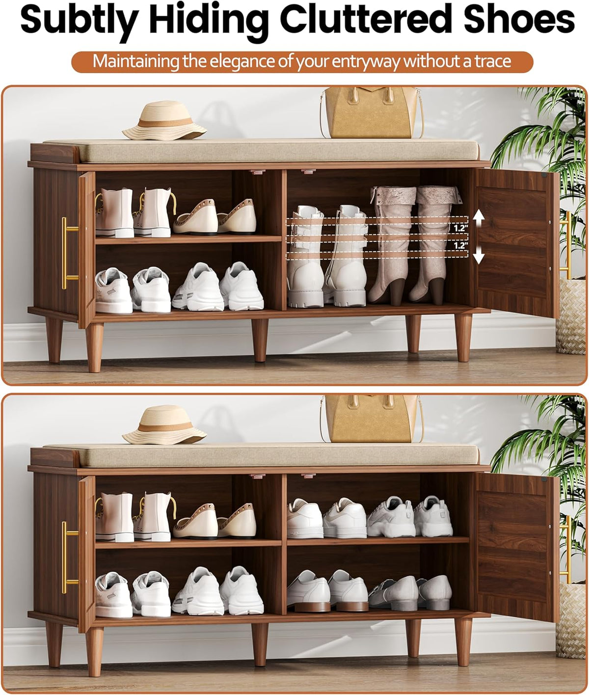 Akxomel Rattan Shoe Storage Bench with Cushion, 2-Tier Entryway Bench with Adjustable Shelves and 2 Doors, 15" D x 39.4" W x 20" H, Solid Wood Legs, for Hallway, Living Room, Bedroom, Walnut