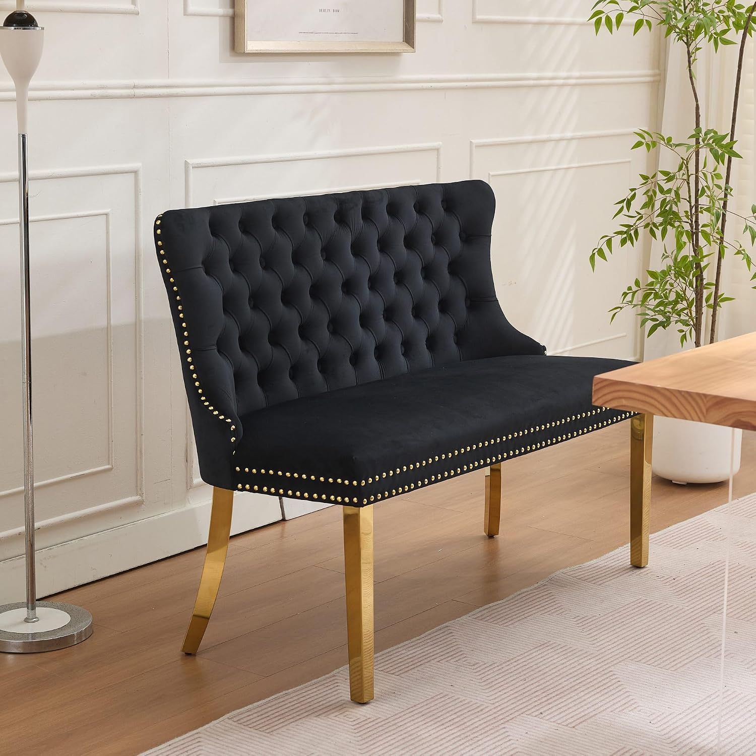 Modern Loveseat Settee Bench Sofa Couch, 46" Dining Bench with Wing Back,Nailhead Trim,Gold Stainless Steel Legs, Upholstered Banquette Entryway Bench for Dining Living Room Hallway Entryway,Black