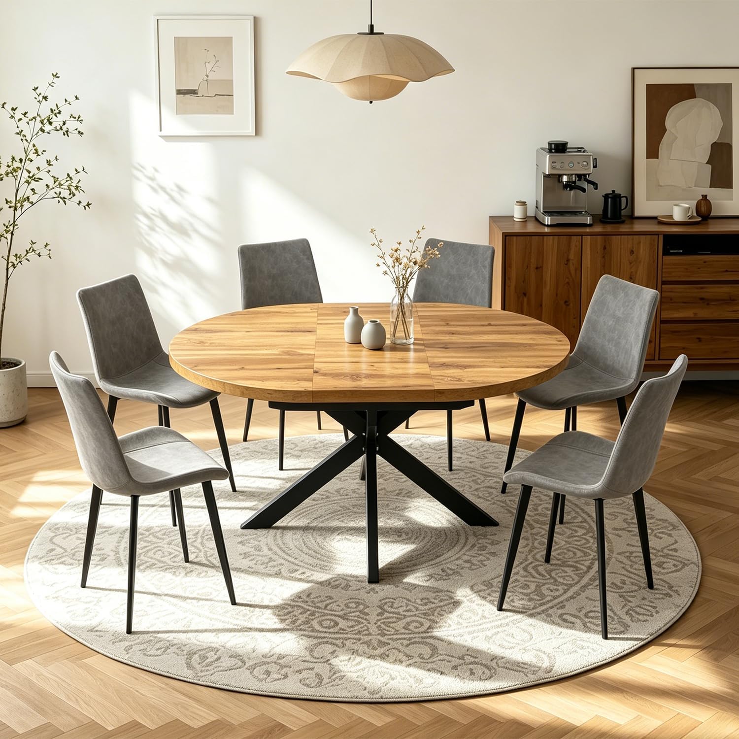 7-Piece Extendable Round Dining Table with Chairs Set for 6, 43"-59" Kitchen Dining Table Set with Heavy Duty Leg for Dining Living Room Apartment(Oak Table + 6 Gray Chairs)