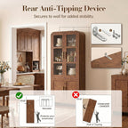 77" Tall Kitchen Pantry Cabinet,Thickened Panel,Dark Burl,1Pcs | Wooden Curved Storage Cabinets with Adjustable Shelf, Cupboard with Glass Door for Dining Room, Living Room, Bathroom