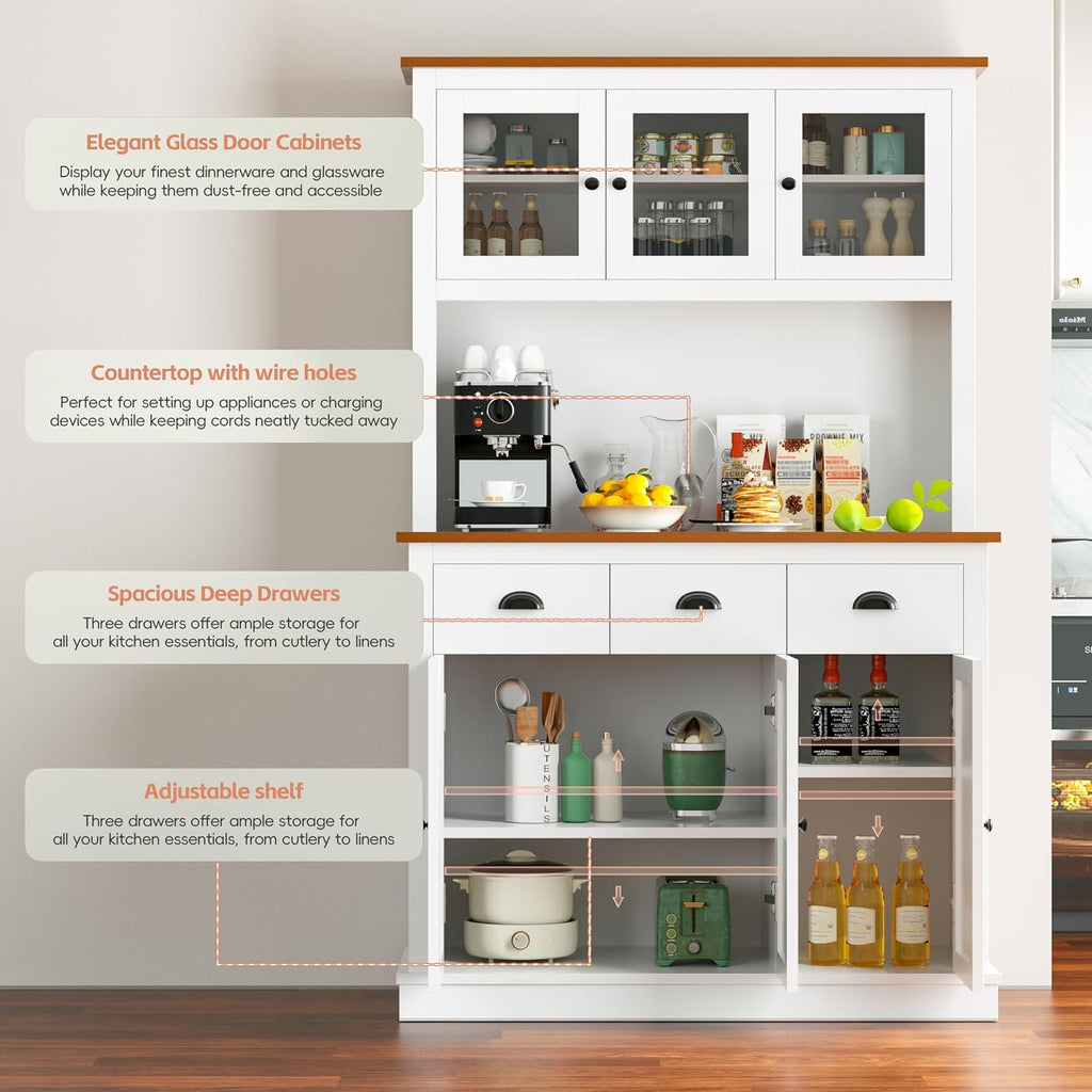 MU 71" Kitchen Pantry Cabinet with Charging Station, Tall Pantry Hutch with Drawers, Countertop & Microwave Shelf, Food Storage Cabinet for Dining Room & Coffee Bar, White