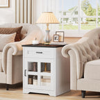 Farmhouse End Table, 18" Side Table with Drawer and Barn Door Storage, Wood Sofa Side Bedside Table for Living Room, Bedroom (White)