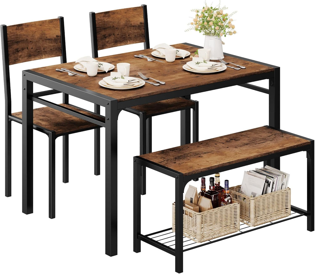 Shahoo Kitchen Table and 2 Chairs for 4 with Bench | 4 Piece Dining Sets for Small Space, Coffee Brown