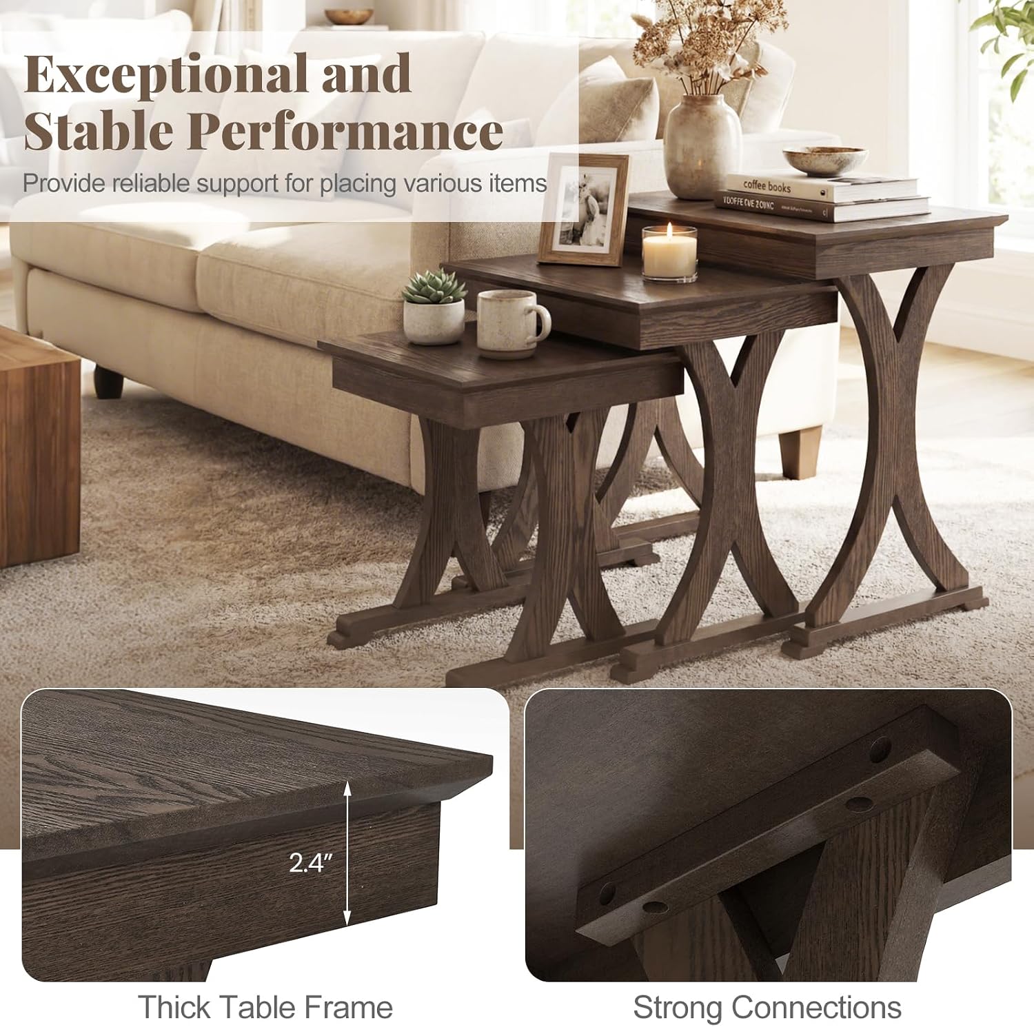 GIANTEX Nesting Coffee Table Set-of-3 - Stackable Rectangular Sofa End Side Table w/Solid Rubber Wood Legs, Vintage Farmhouse Night Stand for Bedroom Living Room Home Office Small Spaces