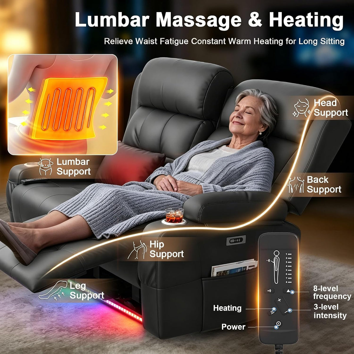 Power Reclining Loveseat with Massage & Heat,Wall Hugger Loveseat Recliner with LED Lights,USB & Type-C Ports, Ideal for RV, Home Theater and Living Room,Black,2 Seats