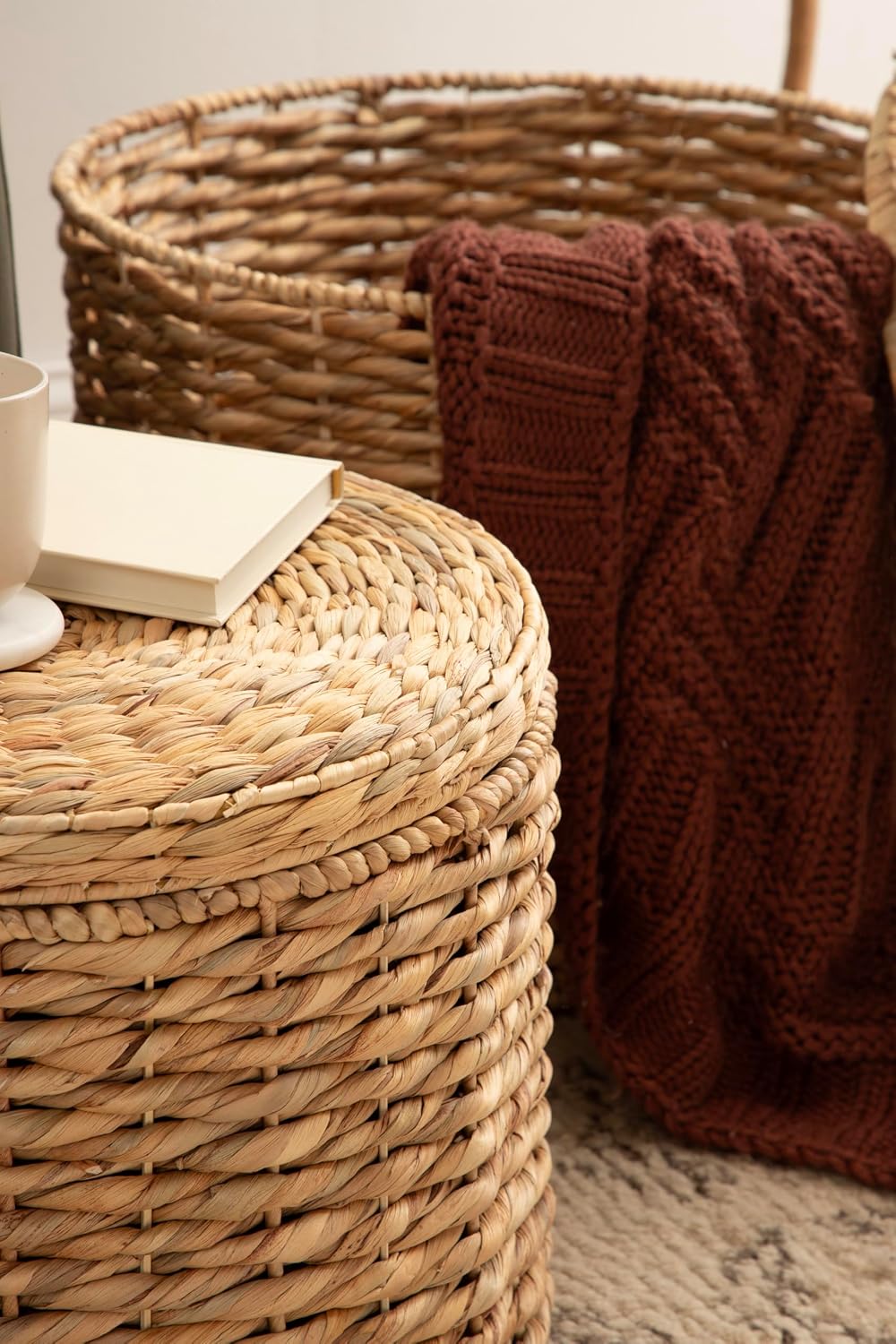 Kate and Laurel Halm Modern Woven Rattan Round Storage Side Tables, Set of 2, 20 x 17 and 16 x 14, Natural Rattan, Lift-Top End Tables for Use as Hidden Storage Baskets or Small Ottoman Tables