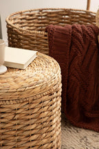 Kate and Laurel Halm Modern Woven Rattan Round Storage Side Tables, Set of 2, 20 x 17 and 16 x 14, Natural Rattan, Lift-Top End Tables for Use as Hidden Storage Baskets or Small Ottoman Tables