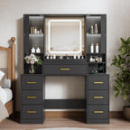 BORNOON Vanity Desk with Mirror and Lights, Makeup Vanity with 7 Drawers, 2 Glass Door Cabinets, Charging Station, Adjustable Shelves, RGB Lighting, Holder