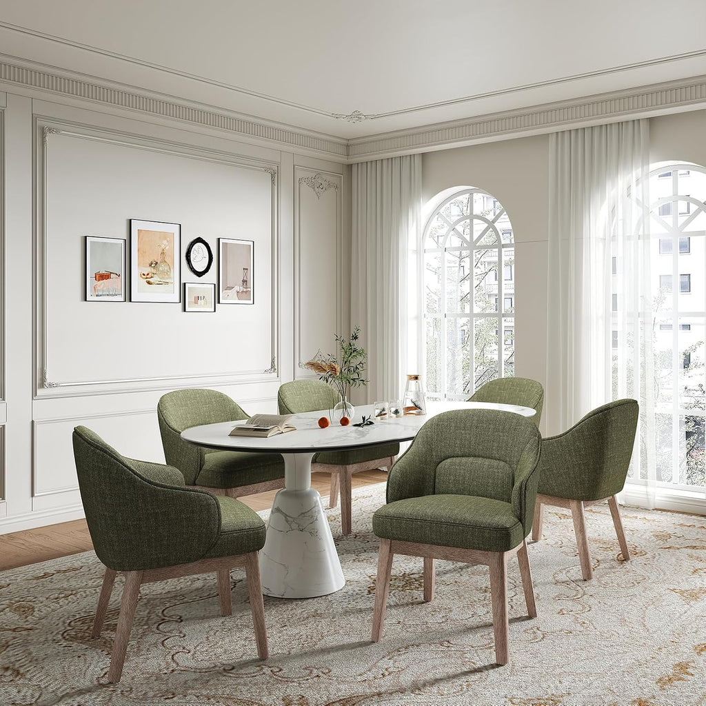 MALOL Dining Chairs Set of 6 with Lumbar Support,Fabric Upholstered Kitchen Chairs with Wooden Legs,Green