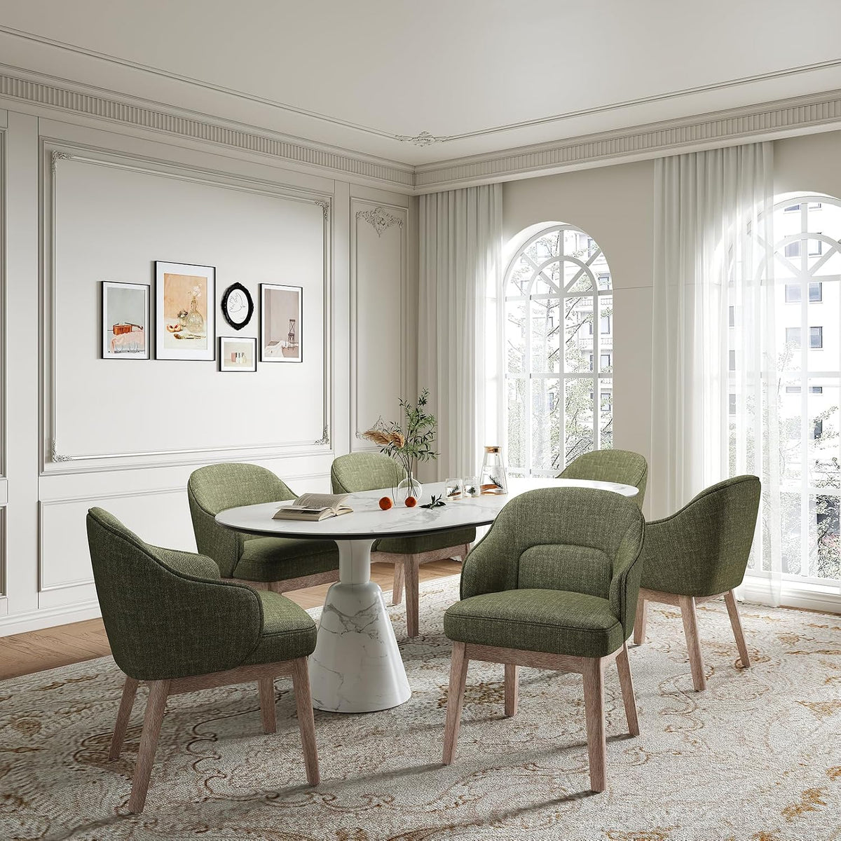 MALOL Dining Chairs Set of 6 with Lumbar Support,Fabric Upholstered Kitchen Chairs with Wooden Legs,Green