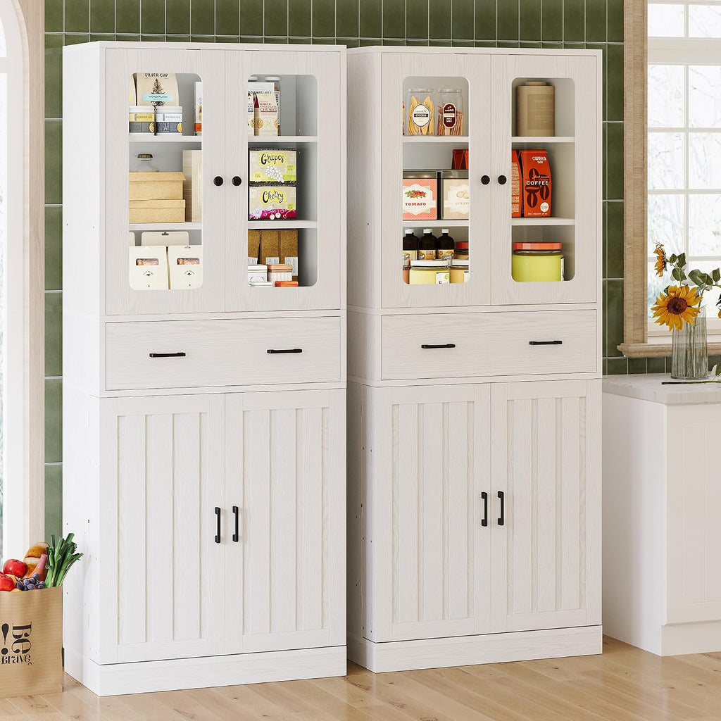 IRONCK 74.8" Tall Kitchen Pantry, Storage Cabinet with LED Lights, Kitchen Cabinet with Acrylic Glass Door, Drawer and Adjustable Shelves, for Dining Room, White