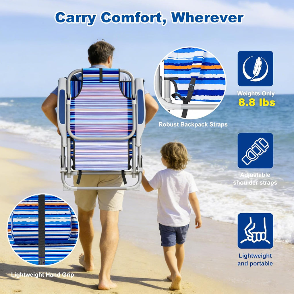 DIAMONDFORGE 2 Pack Lightweight Portable Beach Chair for Adults, 350 LBS Capacity Backpack Beach Chair, Reclining Beach Chair with 5-Position Lay Flat, Large Cup Holder for Beach Camping Sports