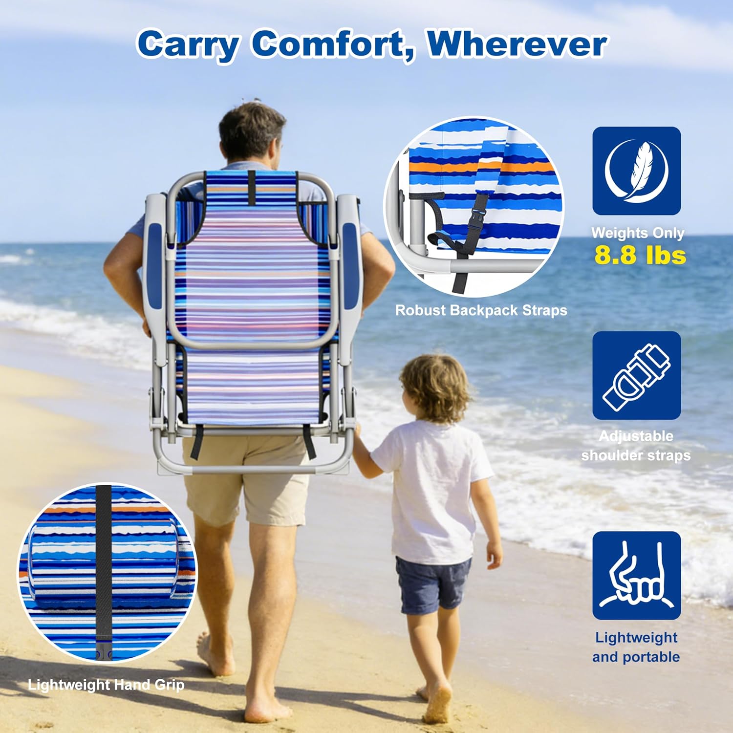 DIAMONDFORGE 2 Pack Lightweight Portable Beach Chair for Adults, 350 LBS Capacity Backpack Beach Chair, Reclining Beach Chair with 5-Position Lay Flat, Large Cup Holder for Beach Camping Sports