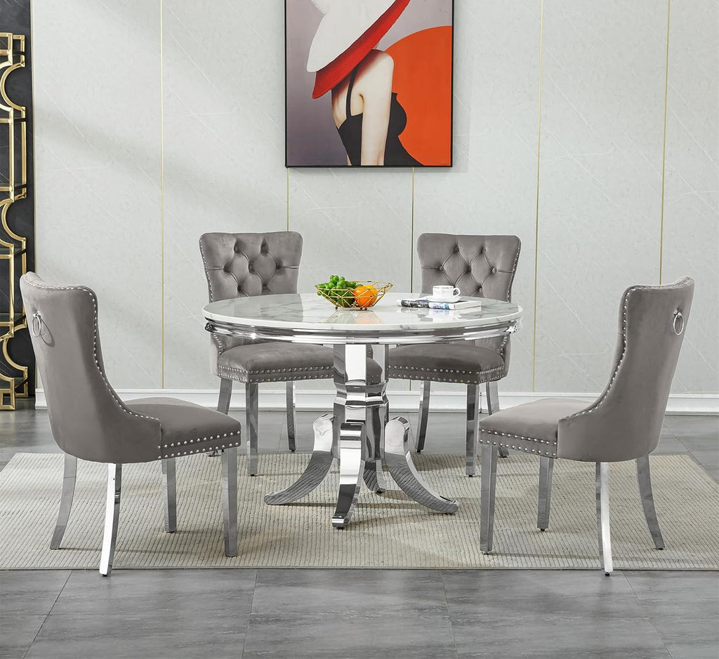 5-Piece White Marble Round Dining Table Set for 4, Modern Faux Marble Kitchen Table Set for 4 with Grey Tufted Chair,Circle White Silver Dinner Tables with American-Style Pedestal Base
