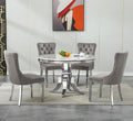 5-Piece White Marble Round Dining Table Set for 4, Modern Faux Marble Kitchen Table Set for 4 with Grey Tufted Chair,Circle White Silver Dinner Tables with American-Style Pedestal Base