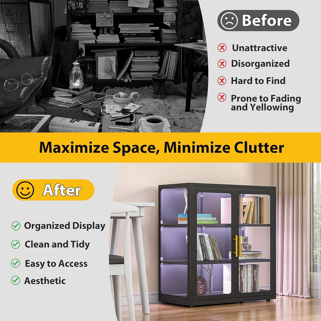 Display Cabinet with Glass Doors and Adjustable Shelves,34" Tall Bookcase with LED Lights,3-Tier Curio Cabinet for Collectibles,Glass Display Case for Living Room,Black