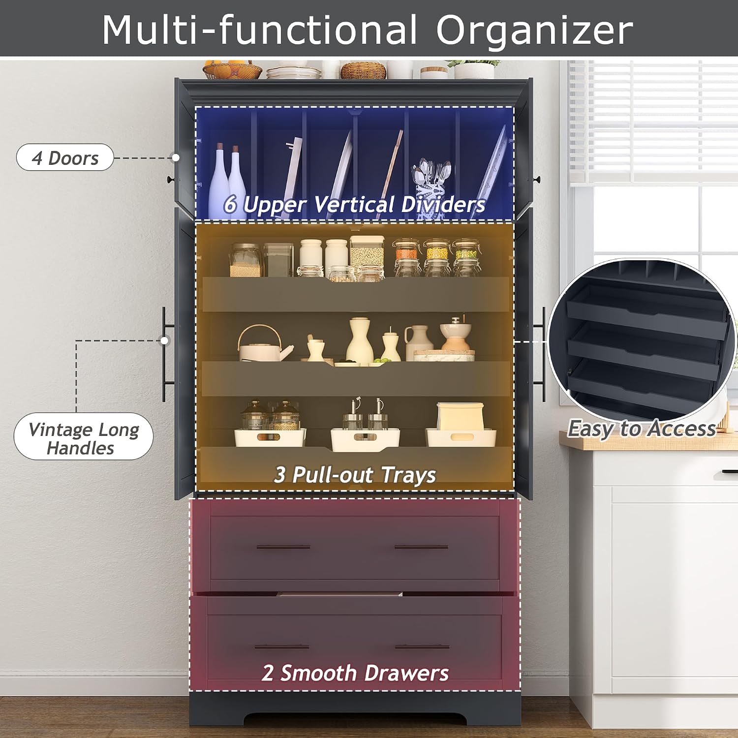 Farmhouse Freestanding Kitchen Pantry, 72.6''H Tall Wooden Kitchen Storage Cabinet with 2 Doors, Pull-out Trays, 2 Drawers and Cake Pan Storage Organizer for Dining Room Living Room (Grey-1.12)