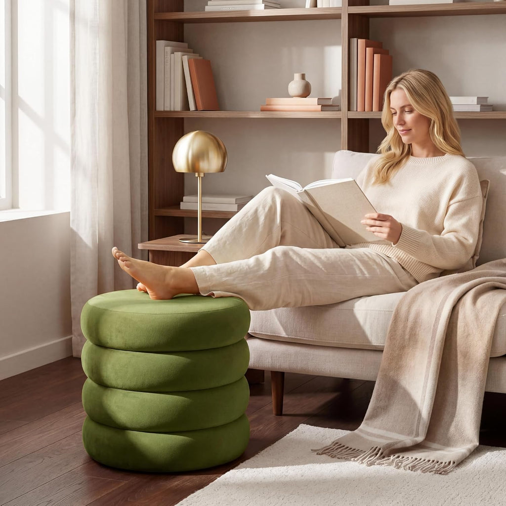 Velvet Storage Ottoman Set of 2, Compact Round Tufted Pair with Removable Lids for Lounge, Dorm and Entryway, Olive Green