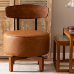 Swivel Accent Chair Living Room Vanity Chair with Back, Cognac Brown | Comfortable Armless Round Mid Century Modern Faux Leather Chair with Solid Wood Legs Linen Upholstery for Bedroom Office