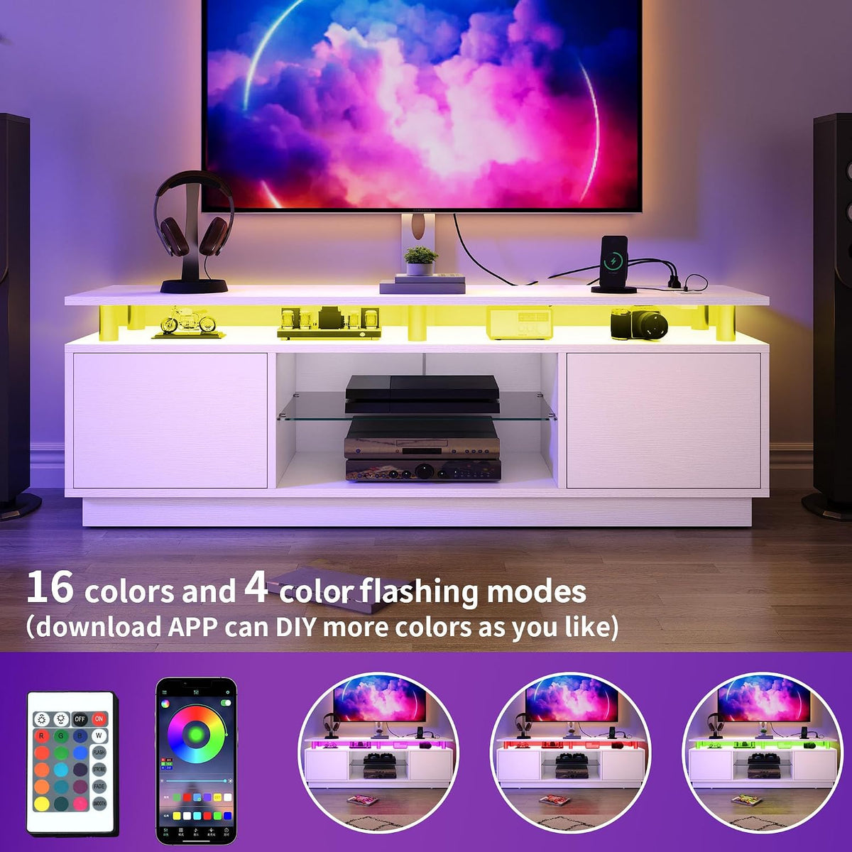 YITAHOME Modern TV Stand with Mount, Media Console with LED Light, White | Entertainment Center with 2 Storage Doors & Built-in Power Outlets for 75/70/65 Inch TVs for Living Room