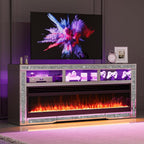 IKIFLY Mirrored Fireplace TV Stand for 65+ inch TV, Silver TV Console Table with Crushed Diamond and LED, Modern Media Entertainment Center for Living Room Remote Control